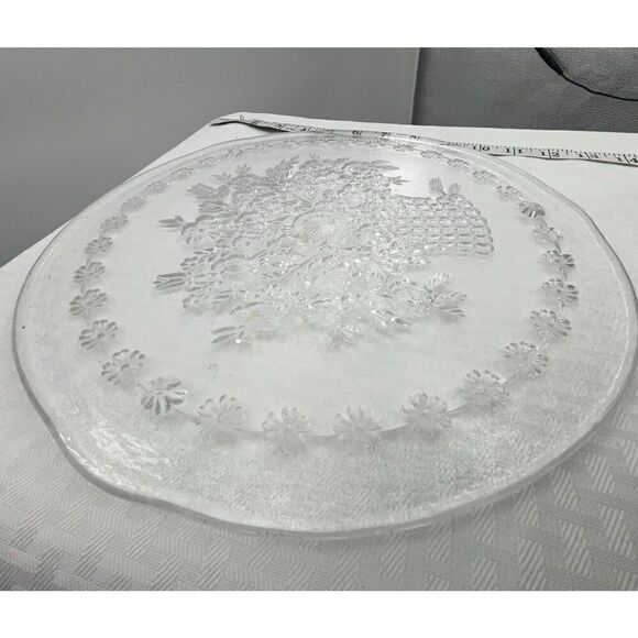 Glass Etched Flower Basket Serving Cake Tray - Picture 7 of 10